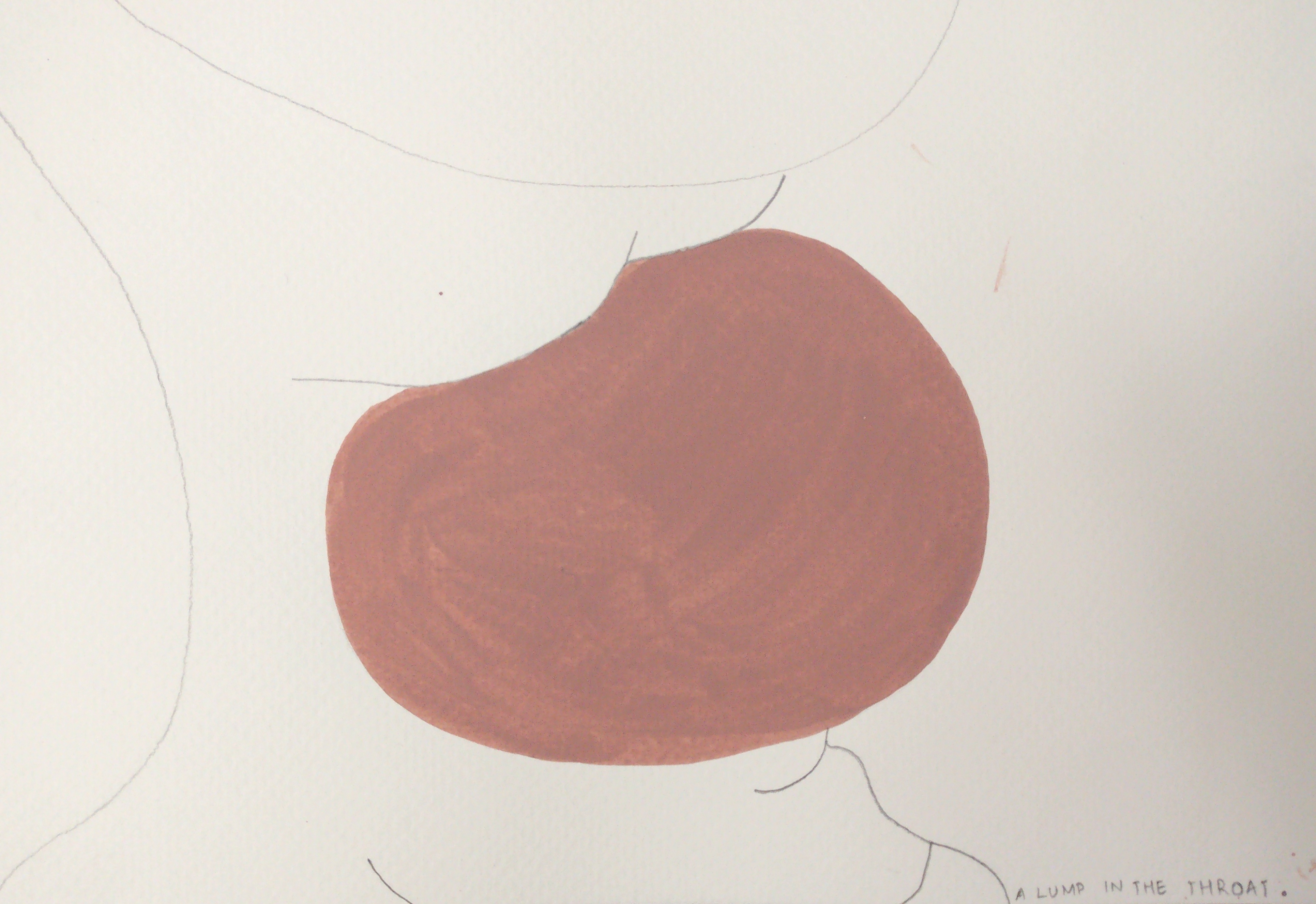 Work on handmade paper, A Lump in the Throat, featuring layered ink washes, gouache, and embedded thread.